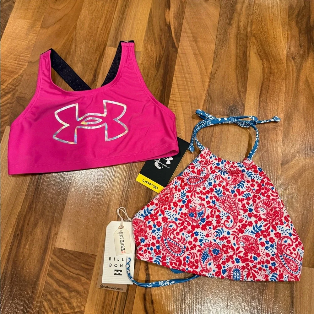 Under armour and billabong set 2 swim tops youth size 10‎ NWT